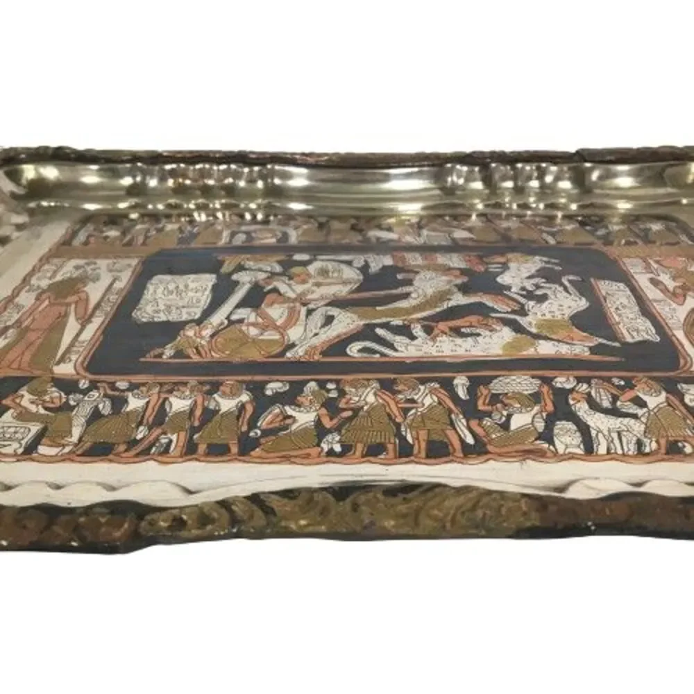 Vintage Egyptian Figural Horse Chariot Copper Silver Metal Serving Platter Tray - Picture 10 of 13